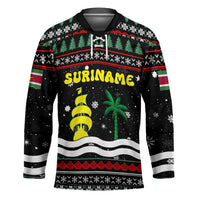 Suriname Christmas Hockey Jersey with Black Festive Pattern, Golden Ship, Palm Tree, and Coat of Arms Motif - Wonder Print Shop