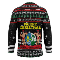 Suriname Christmas Hockey Jersey with Black Festive Pattern, Golden Ship, Palm Tree, and Coat of Arms Motif - Wonder Print Shop
