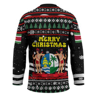Suriname Christmas Hockey Jersey with Black Festive Pattern, Golden Ship, Palm Tree, and Coat of Arms Motif - Wonder Print Shop