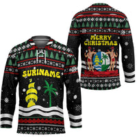 Suriname Christmas Hockey Jersey with Black Festive Pattern, Golden Ship, Palm Tree, and Coat of Arms Motif - Wonder Print Shop