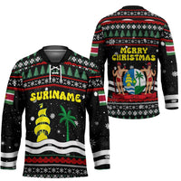 Suriname Christmas Hockey Jersey with Black Festive Pattern, Golden Ship, Palm Tree, and Coat of Arms Motif - Wonder Print Shop