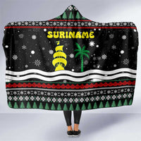 Suriname Christmas Hooded Blanket with Black Festive Pattern, Golden Ship, Palm Tree, and Coat of Arms Motif - Wonder Print Shop