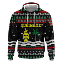 Suriname Christmas Hoodie with Black Festive Pattern, Golden Ship, Palm Tree, and Coat of Arms Motif - Wonder Print Shop
