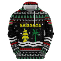 Suriname Christmas Hoodie with Black Festive Pattern, Golden Ship, Palm Tree, and Coat of Arms Motif - Wonder Print Shop