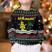 Suriname Christmas Kid Ugly Christmas Sweater with Black Festive Pattern, Golden Ship, Palm Tree, and Coat of Arms Motif - Wonder Print Shop
