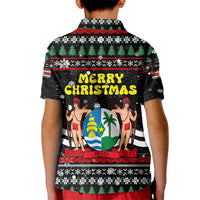 Suriname Christmas Kid Polo Shirt with Black Festive Pattern, Golden Ship, Palm Tree, and Coat of Arms Motif - Wonder Print Shop