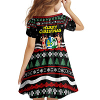 Suriname Christmas Kid Short Sleeve Dress with Black Festive Pattern, Golden Ship, Palm Tree, and Coat of Arms Motif - Wonder Print Shop
