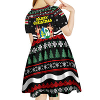Suriname Christmas Kid Short Sleeve Dress with Black Festive Pattern, Golden Ship, Palm Tree, and Coat of Arms Motif - Wonder Print Shop