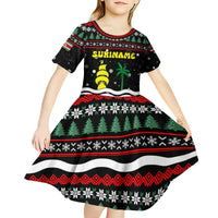 Suriname Christmas Kid Short Sleeve Dress with Black Festive Pattern, Golden Ship, Palm Tree, and Coat of Arms Motif - Wonder Print Shop
