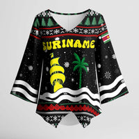 Suriname Christmas Kimono Sleeve Blouse with Black Festive Pattern, Golden Ship, Palm Tree, and Coat of Arms Motif - Wonder Print Shop