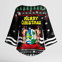 Suriname Christmas Kimono Sleeve Blouse with Black Festive Pattern, Golden Ship, Palm Tree, and Coat of Arms Motif - Wonder Print Shop