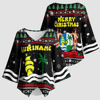 Suriname Christmas Kimono Sleeve Blouse with Black Festive Pattern, Golden Ship, Palm Tree, and Coat of Arms Motif - Wonder Print Shop