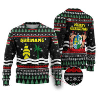 Suriname Christmas Ugly Christmas Sweater with Black Festive Pattern, Golden Ship, Palm Tree, and Coat of Arms Motif - Wonder Print Shop