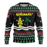 Suriname Christmas Ugly Christmas Sweater with Black Festive Pattern, Golden Ship, Palm Tree, and Coat of Arms Motif - Wonder Print Shop