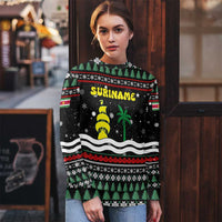 Suriname Christmas Ugly Christmas Sweater with Black Festive Pattern, Golden Ship, Palm Tree, and Coat of Arms Motif - Wonder Print Shop