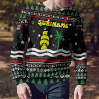 Suriname Christmas Ugly Christmas Sweater with Black Festive Pattern, Golden Ship, Palm Tree, and Coat of Arms Motif - Wonder Print Shop