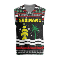 Suriname Christmas Knitted V-Neck Vest with Black Festive Pattern, Golden Ship, Palm Tree, and Coat of Arms Motif - Wonder Print Shop