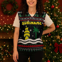 Suriname Christmas Knitted V-Neck Vest with Black Festive Pattern, Golden Ship, Palm Tree, and Coat of Arms Motif - Wonder Print Shop