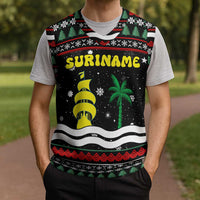 Suriname Christmas Knitted V-Neck Vest with Black Festive Pattern, Golden Ship, Palm Tree, and Coat of Arms Motif - Wonder Print Shop