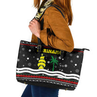 Suriname Christmas Leather Tote Bag with Black Festive Pattern, Golden Ship, Palm Tree, and Coat of Arms Motif - Wonder Print Shop