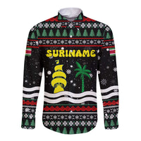 Suriname Christmas Long Sleeve Button Shirt with Black Festive Pattern, Golden Ship, Palm Tree, and Coat of Arms Motif - Wonder Print Shop
