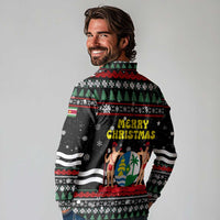 Suriname Christmas Long Sleeve Polo Shirt with Black Festive Pattern, Golden Ship, Palm Tree, and Coat of Arms Motif - Wonder Print Shop