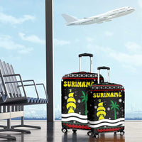 Suriname Christmas Luggage Cover with Black Festive Pattern, Golden Ship, Palm Tree, and Coat of Arms Motif - Wonder Print Shop