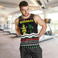 Suriname Christmas Men Tank Top with Black Festive Pattern, Golden Ship, Palm Tree, and Coat of Arms Motif - Wonder Print Shop