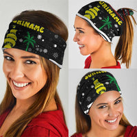 Suriname Christmas Neck Gaiter with Black Festive Pattern, Golden Ship, Palm Tree, and Coat of Arms Motif - Wonder Print Shop