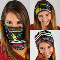 Suriname Christmas Neck Gaiter with Black Festive Pattern, Golden Ship, Palm Tree, and Coat of Arms Motif - Wonder Print Shop