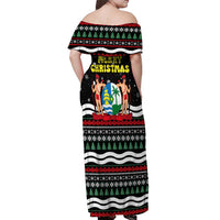 Suriname Christmas Off Shoulder Maxi Dress with Black Festive Pattern, Golden Ship, Palm Tree, and Coat of Arms Motif - Wonder Print Shop