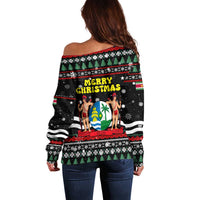 Suriname Christmas Off Shoulder Sweater with Black Festive Pattern, Golden Ship, Palm Tree, and Coat of Arms Motif - Wonder Print Shop