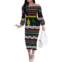 Suriname Christmas Off The Shoulder Long Sleeve Dress with Black Festive Pattern, Golden Ship, Palm Tree, and Coat of Arms Motif - Wonder Print Shop