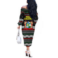 Suriname Christmas Off The Shoulder Long Sleeve Dress with Black Festive Pattern, Golden Ship, Palm Tree, and Coat of Arms Motif - Wonder Print Shop