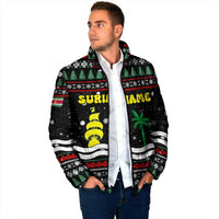 Suriname Christmas Padded Jacket with Black Festive Pattern, Golden Ship, Palm Tree, and Coat of Arms Motif - Wonder Print Shop