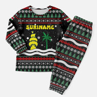 Suriname Christmas Pajama Set with Black Festive Pattern, Golden Ship, Palm Tree, and Coat of Arms Motif - Wonder Print Shop