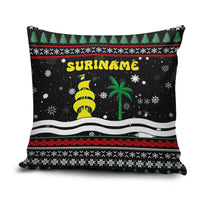 Suriname Christmas Pillow Cover with Black Festive Pattern, Golden Ship, Palm Tree, and Coat of Arms Motif - Wonder Print Shop