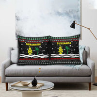 Suriname Christmas Pillow Cover with Black Festive Pattern, Golden Ship, Palm Tree, and Coat of Arms Motif - Wonder Print Shop