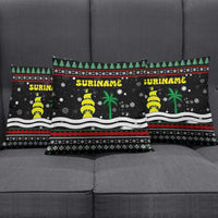 Suriname Christmas Pillow Cover with Black Festive Pattern, Golden Ship, Palm Tree, and Coat of Arms Motif - Wonder Print Shop