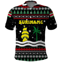 Suriname Christmas Polo Shirt with Black Festive Pattern, Golden Ship, Palm Tree, and Coat of Arms Motif - Wonder Print Shop