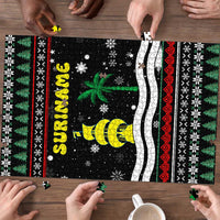 Suriname Christmas Puzzle with Black Festive Pattern, Golden Ship, Palm Tree, and Coat of Arms Motif - Wonder Print Shop