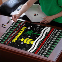 Suriname Christmas Puzzle with Black Festive Pattern, Golden Ship, Palm Tree, and Coat of Arms Motif - Wonder Print Shop