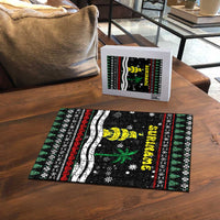 Suriname Christmas Puzzle with Black Festive Pattern, Golden Ship, Palm Tree, and Coat of Arms Motif - Wonder Print Shop