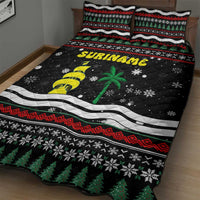 Suriname Christmas Quilt Bed Set with Black Festive Pattern, Golden Ship, Palm Tree, and Coat of Arms Motif - Wonder Print Shop