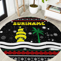 Suriname Christmas Round Carpet with Black Festive Pattern, Golden Ship, Palm Tree, and Coat of Arms Motif - Wonder Print Shop