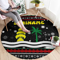 Suriname Christmas Round Carpet with Black Festive Pattern, Golden Ship, Palm Tree, and Coat of Arms Motif - Wonder Print Shop