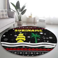 Suriname Christmas Round Carpet with Black Festive Pattern, Golden Ship, Palm Tree, and Coat of Arms Motif - Wonder Print Shop