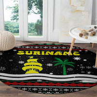 Suriname Christmas Round Carpet with Black Festive Pattern, Golden Ship, Palm Tree, and Coat of Arms Motif - Wonder Print Shop