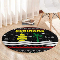 Suriname Christmas Round Carpet with Black Festive Pattern, Golden Ship, Palm Tree, and Coat of Arms Motif - Wonder Print Shop
