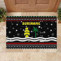 Suriname Christmas Rubber Doormat with Black Festive Pattern, Golden Ship, Palm Tree, and Coat of Arms Motif - Wonder Print Shop